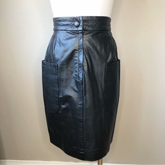 Vintage 80's Black Leather High waist Pencil Skirt Cargo Pockets 2/XS